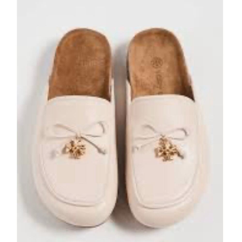 Tory Burch shoes Tory Charm Mules Flat Slip-on Brie Genuine Leather Natural 9